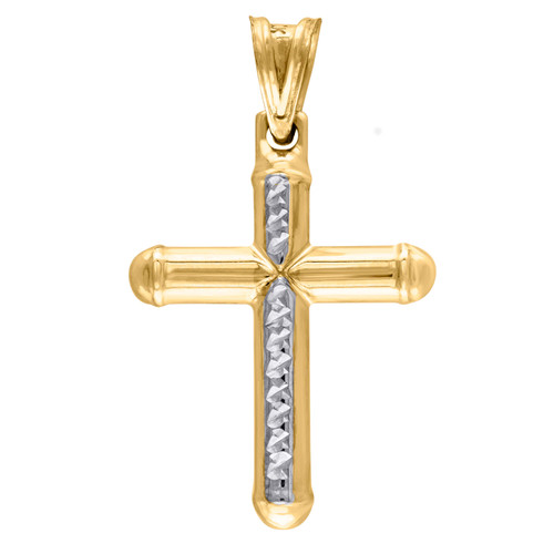 10K Two Tone Gold Men's 1.35" Diamond Cut Religious Charm Tube Cross Pendant