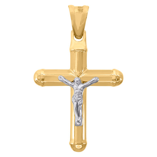 10K Two Tone Gold Men's 1.35" Polish Religious Charm Tube Cross Crucifix Pendant