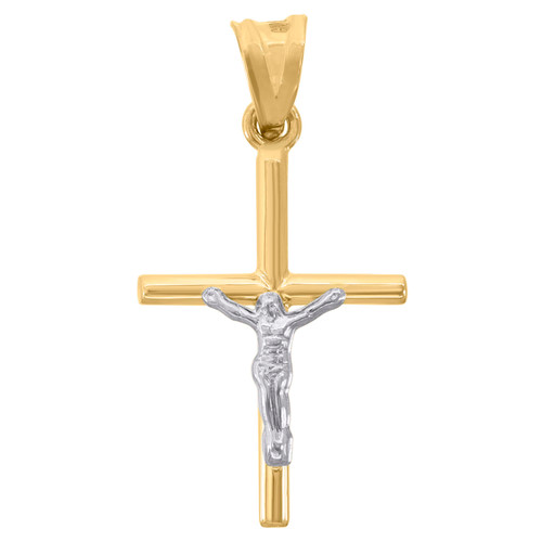 10K Two Tone Gold Men's 1.30" Polish Religious Charm Tube Cross Crucifix Pendant