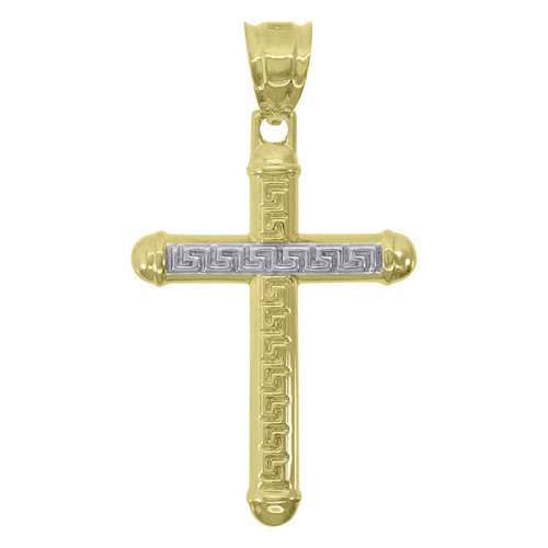 10K Two Tone Gold Men's 1.75" Religious Charm Greek Key Tube Cross Pendant
