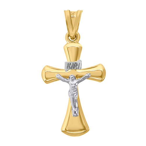 10K Two Tone Gold Unisex 1.35" Religious Charm Bevel Cross INRI Crucifix Pendant