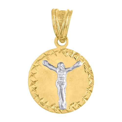 10K Two Tone Gold 1" Diamond Cut Medallion Star Pattern Border Crucifix Pendant