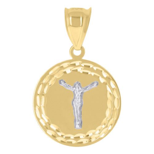 10K Two Tone Gold 1.25" D/C Charm Medallion Double Border Jesus Crucifix Pendant