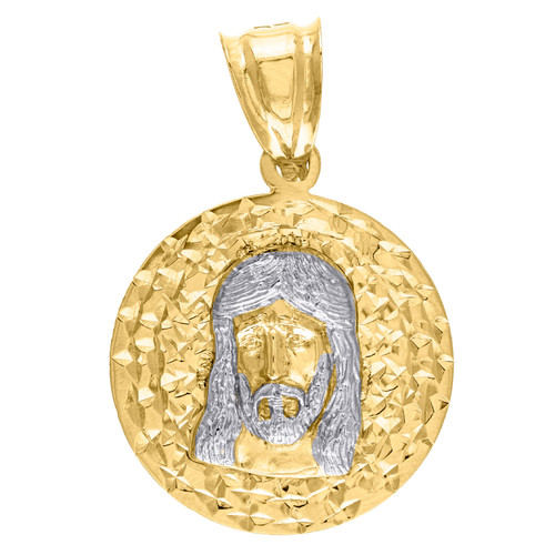 10K Two Tone Gold Unisex 1.25" D/C Medallion Star Pattern Jesus Face Pendant