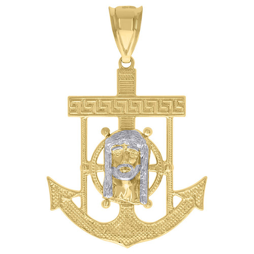 10K Two Tone Gold Unisex 1.70" Texture Greek Key Mariner Anchor Jesus Pendant