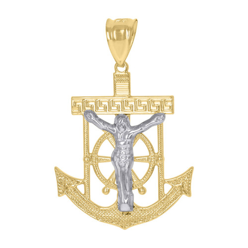 10K Two Tone Gold Unisex 1.70" Texture Greek Key Mariner Anchor Crucifix Pendant