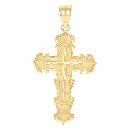 10K Yellow Gold Unisex 1.45" Texture Religious Charm Flame Pointed Cross Pendant