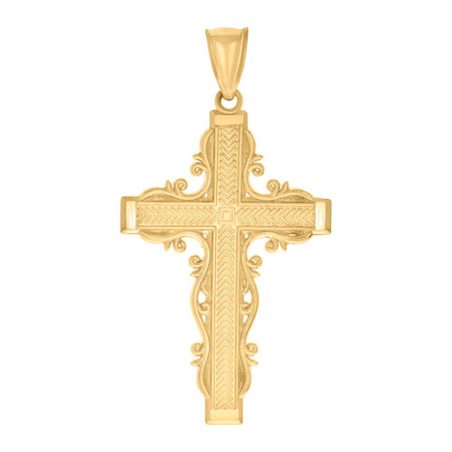 10K Yellow Gold Men's 1.65" Textured Charm Filigree Pattern Latin Cross Pendant