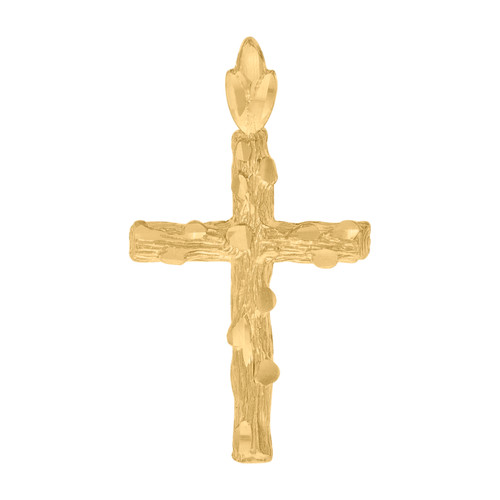 10K Yellow Gold Unisex 1.10" Textured Religious Charm Wood Pattern Cross Pendant