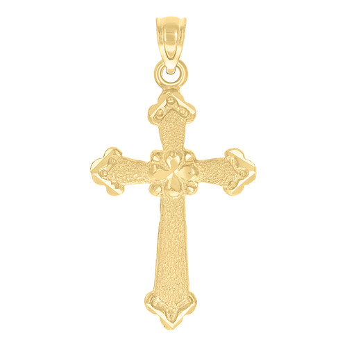 10K Yellow Gold Unisex 1.20" Textured D/C Charm Religious Budded Cross Pendant