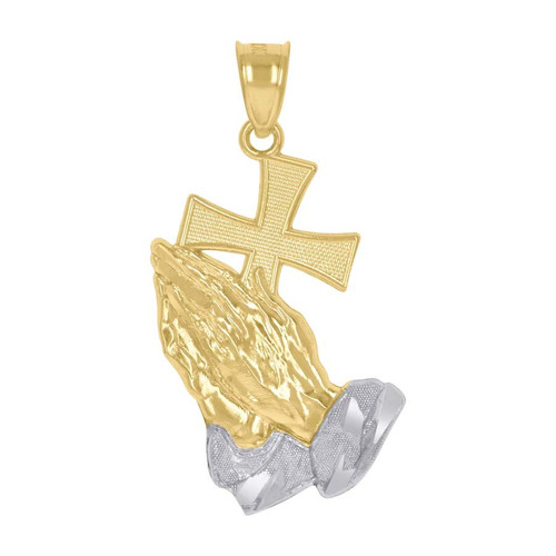 10K Two Tone Gold Men's 1.25" Textured Charm Praying Hands Holding Cross Pendant