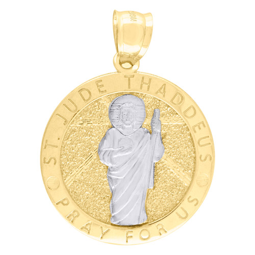 10K Two Tone Gold Unisex 1.35" St. Jude Thaddeus Pray For Us Medallion Pendant