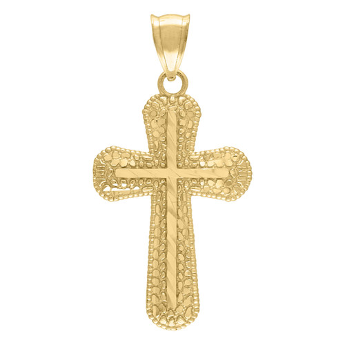 10K Yellow Gold Men's 1.65" Textured Religious Charm Nugget & Bead Cross Pendant