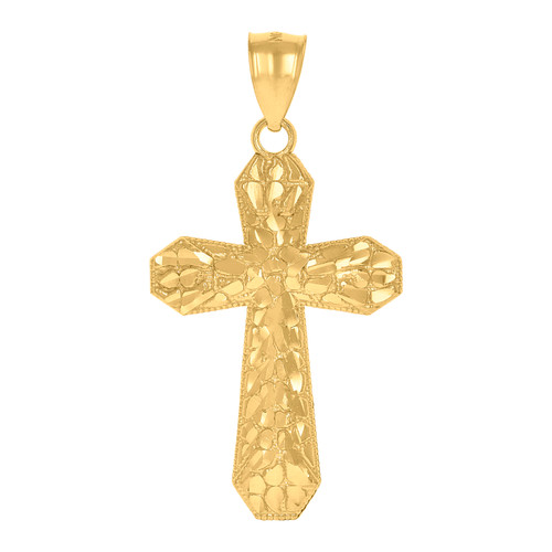 10K Yellow Gold Men's 1.65" Diamond Cut Religious Charm Nugget Cross Pendant