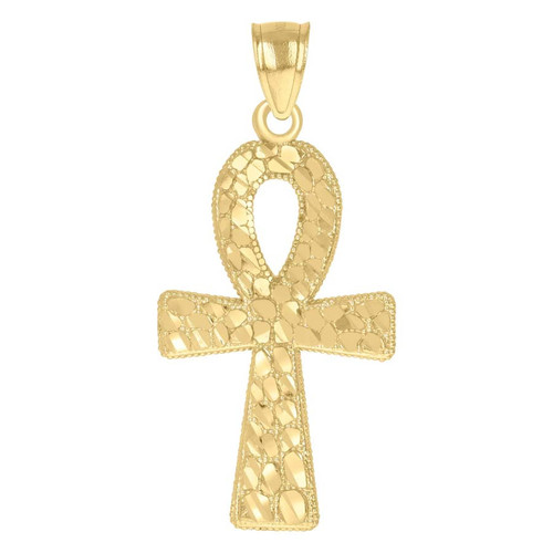 10K Yellow Gold Men's 1.60" D/C Texture Charm Egyptian Nugget Ankh Cross Pendant