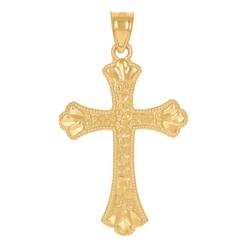 10K Yellow Gold Unisex 1.45" D/C Textured Charm Nugget Budded Cross Pendant