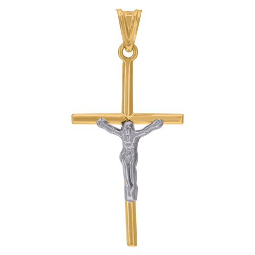 10K Two Tone Gold Unisex 1.75" Charm Jesus Christ Beveled Cross Crucifix Pendant