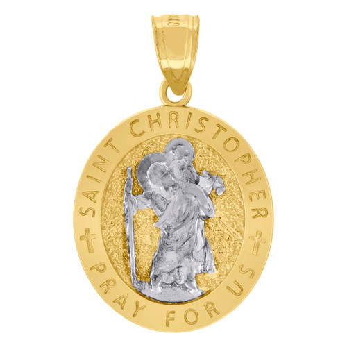 10K Two Tone Gold 1" Charm Saint Christopher Pray For Us Oval Medallion Pendant