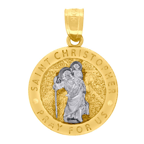10K Two Tone Gold 0.75" Charm Saint Christopher Pray For Us Medallion Pendant