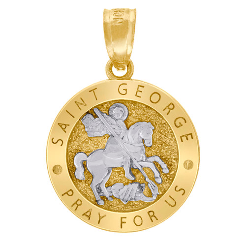 10K Two Tone Gold Unisex 0.75" Charm Saint George Pray For Us Medallion Pendant