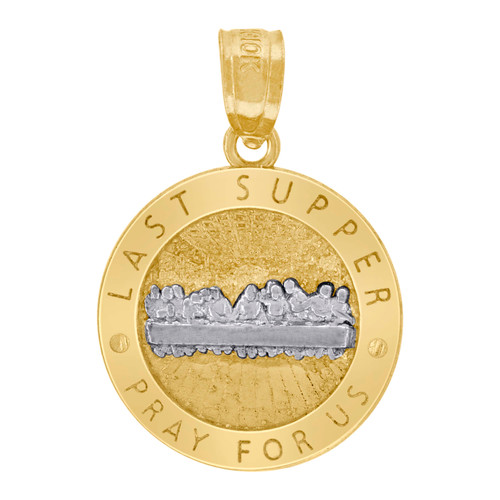10K Two Tone Gold Unisex 0.75" Charm Last Supper Pray For Us Medallion Pendant
