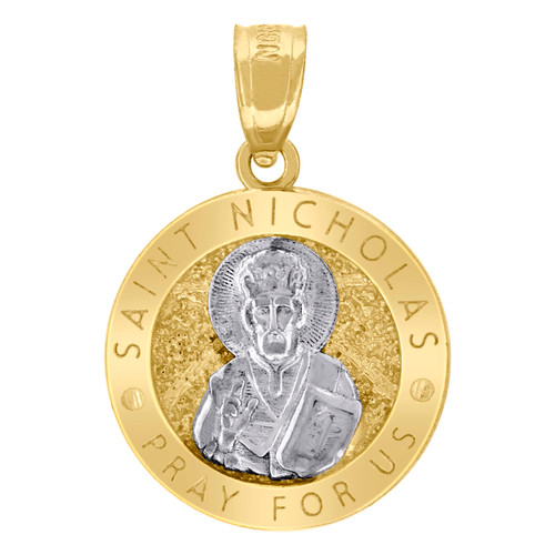 10K Two Tone Gold Unisex 3/4" Charm Saint Nicholas Pray For Us Medallion Pendant