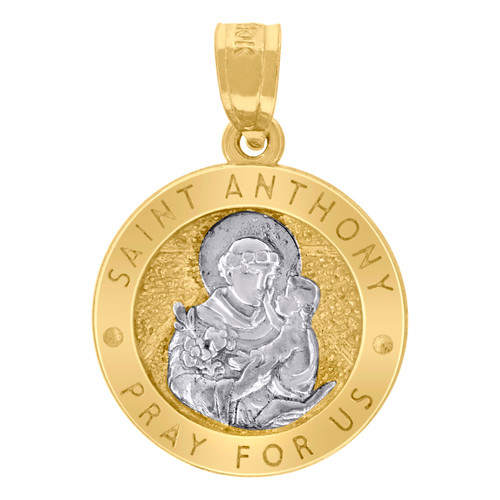 10K Two Tone Gold Unisex 0.75" Charm Saint Anthony Pray For Us Medallion Pendant