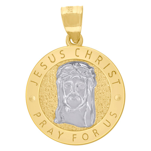 10K Two Tone Gold Unisex 0.95" Charm Jesus Christ Pray For Us Medallion Pendant