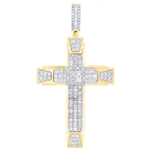 10K Yellow Gold Real Baguette Diamond Mens Charm Bevel Square Cross Pendant 2 CT