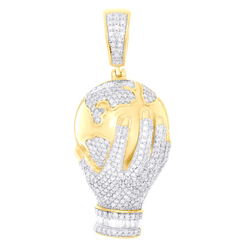 10K Yellow Gold Real Baguette Diamond Hand Holding Globe / World Pendant 3/4 CT