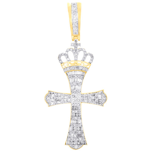 10K Yellow Gold Real Baguette Diamond Mens Charm Budded Cross Crown Pendant 1 CT