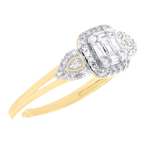 10K Yellow Gold Baguette Diamond Tier Rectangle Halo Teardrop Split Ring 1/4 CT