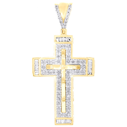 10K Yellow Gold Baguette Diamond Screw Pattern Flat Latin Cross Pendant 1/2 CT