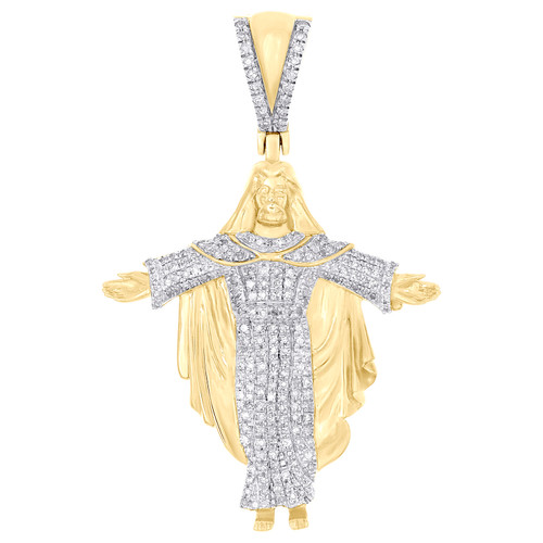 10K Yellow Gold Natural Diamond Men's Jesus Christ The Redeemer Pendant 1/2 CT
