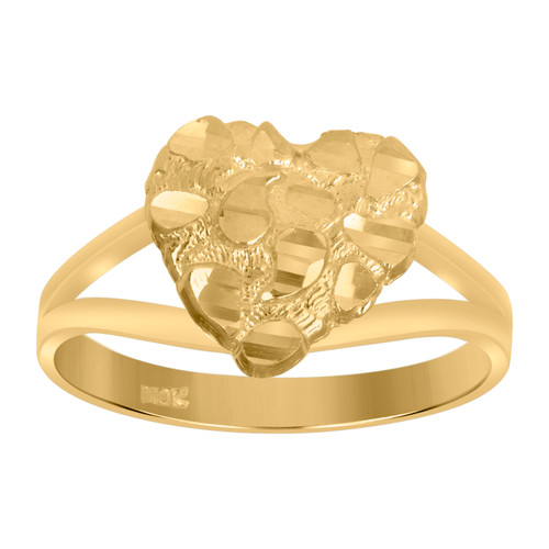 10K Yellow Gold Women's Diamond Cut 10.5mm Split Shank Nugget Pattern Heart Ring