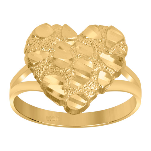10K Yellow Gold Women's Diamond Cut 13.5mm Split Shank Nugget Pattern Heart Ring