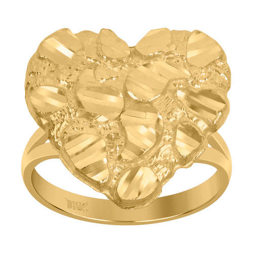 10K Yellow Gold Women's Diamond Cut 17.5mm Split Shank Nugget Pattern Heart Ring