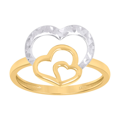 10K Two Tone Gold Women's Diamond Cut 14mm Love Band Stacked Triple Hearts Ring