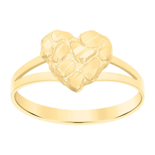 10K Yellow Gold Women's Diamond Cut 10mm Split Shank Nugget Pattern Heart Ring
