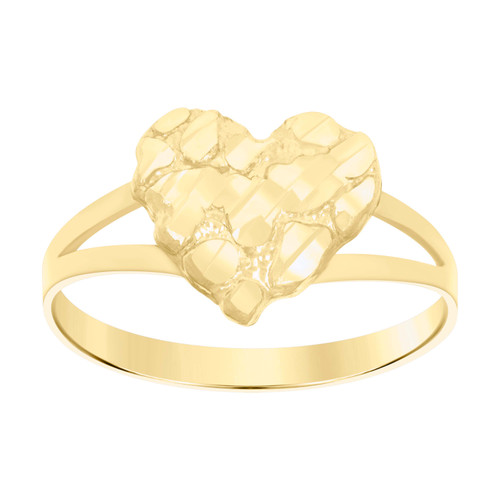 10K Yellow Gold Women's Diamond Cut 11mm Split Shank Nugget Pattern Heart Ring
