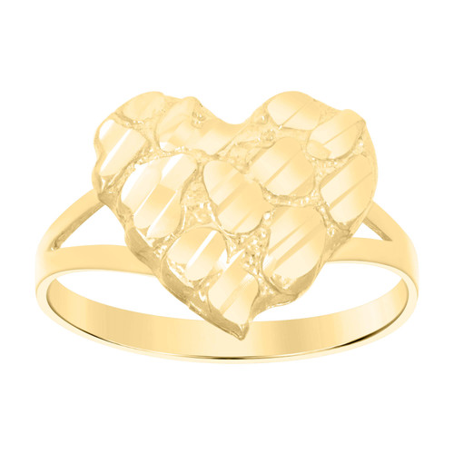 10K Yellow Gold Women's Diamond Cut 14mm Split Shank Nugget Pattern Heart Ring
