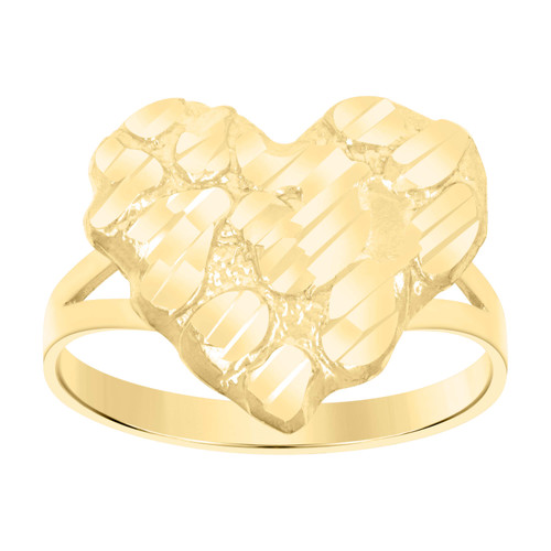 10K Yellow Gold Women's Diamond Cut 16.5mm Split Shank Nugget Pattern Heart Ring