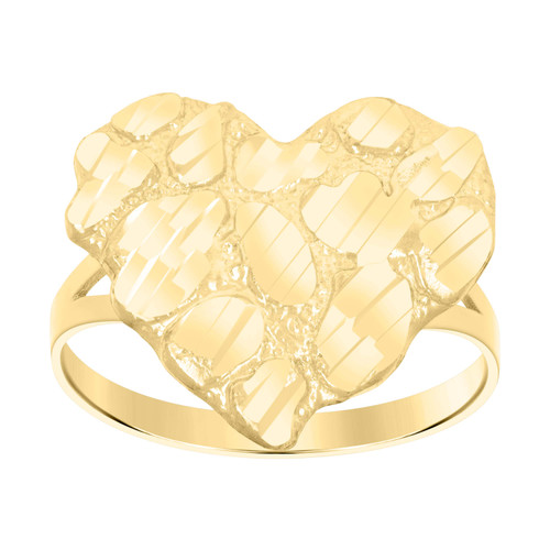 10K Yellow Gold Women's Diamond Cut 18mm Split Shank Nugget Pattern Heart Ring