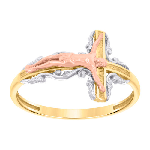 10K Tri Color Gold Women's Polished 11.5mm Filigree Sideways Cross Crucifix Ring