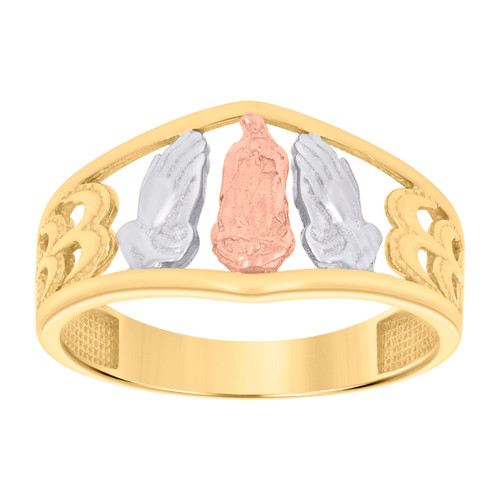 10K Tri Color Gold Women's 9.5mm Religious Symbols Praying Hands Guadalupe Ring