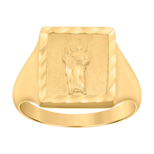 10K Yellow Gold Men's Diamond Cut 14.5mm Textured Center Square St. Jude Ring