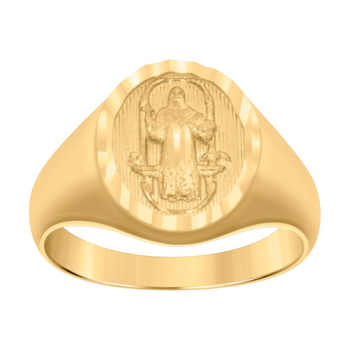 10K Yellow Gold Men's Diamond Cut 15mm Textured Oval St. Benedict Signet Ring