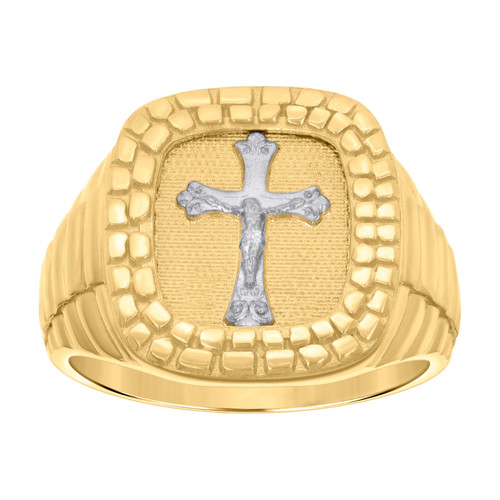 10K Two Tone Gold Men's Textured 18mm Stone Pattern Jubilee Square Crucifix Ring