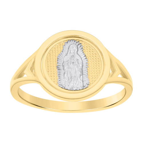 10K Two Tone Gold Women's Textured 11.5mm Chevron Circle Lady of Guadalupe Ring