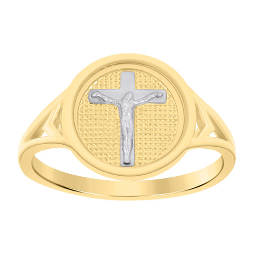 10K Two Tone Gold Women's Textured 11.5mm Chevron Circle Top Cross Crucifix Ring